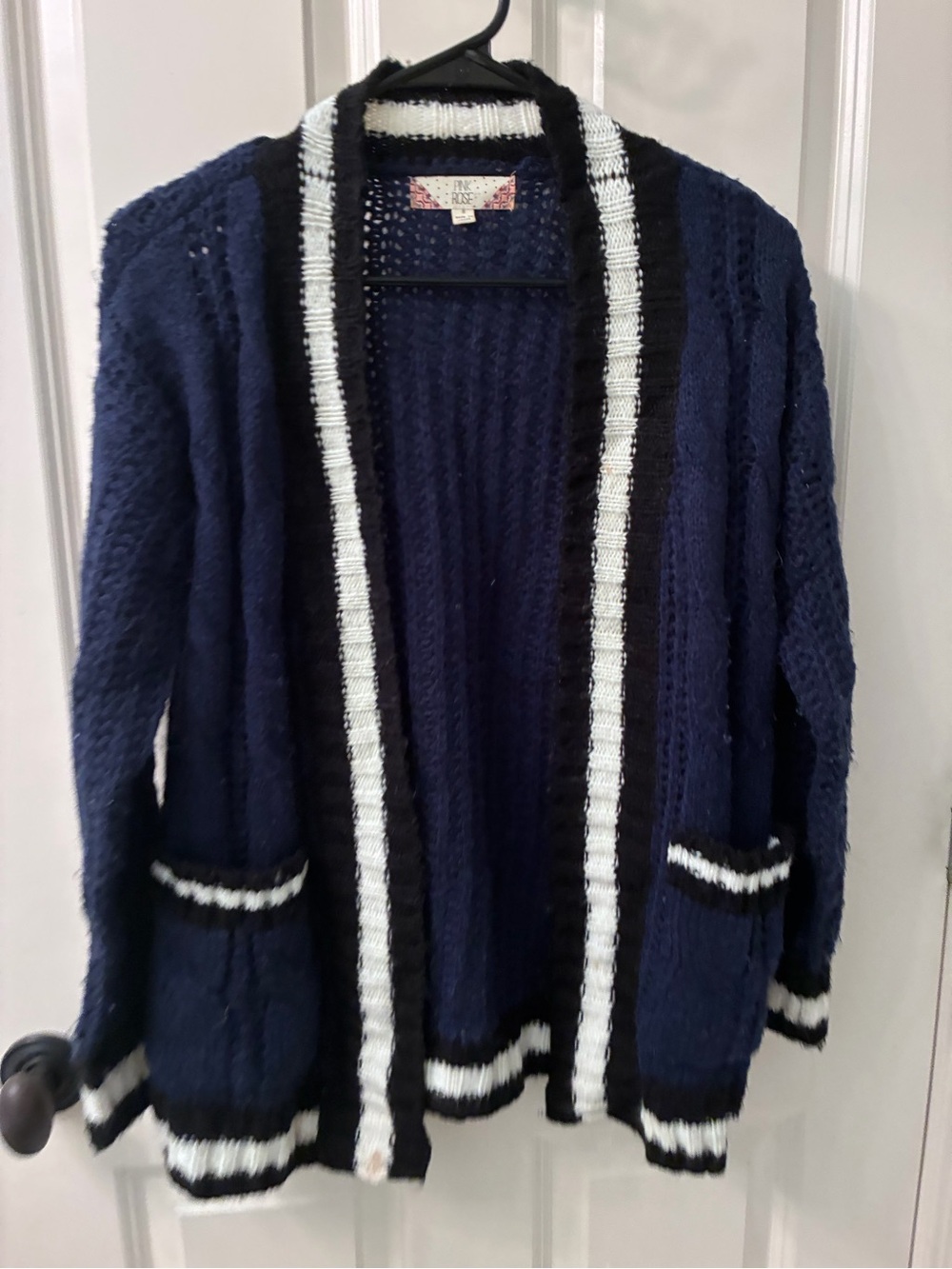 Navy Pink Rose Comfy Cozy Knit Contrast-Trim Cardigan
